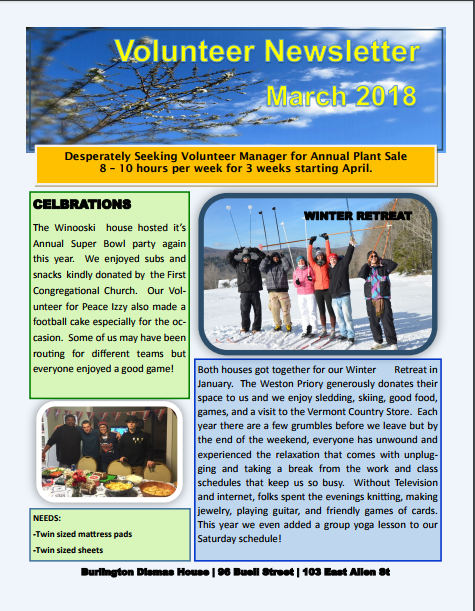 Dismas House Volunteer Newsletter Sustain Champlain